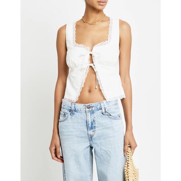 Kourt Women's Odette White Lace Trim Tie-Front Linen Blend Crop Top Size 6 NWOT - Picture 3 of 14